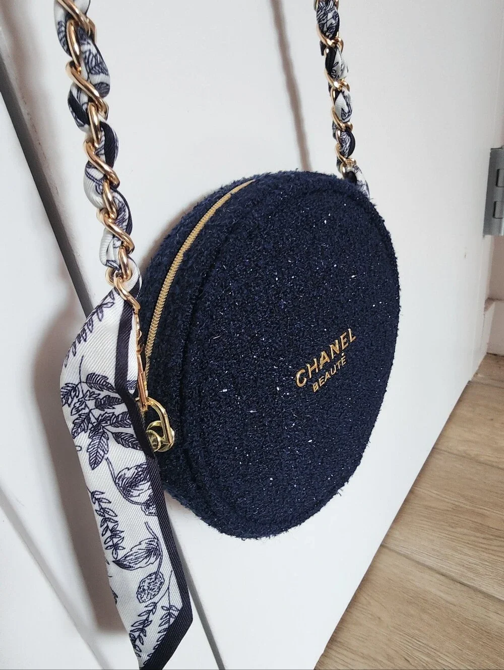 Chanel Beaute Round Navy Blue cosmetic Tweed pouch With Crossbody Chain NIB